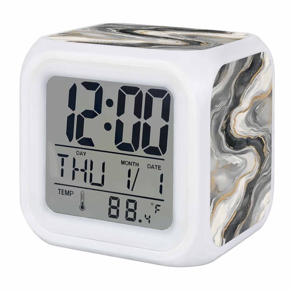 Grey Ombre Marble Digital Alarm Clock for Bedrooms, Smart LED Alarm Clock with 7 Color Changing Night Light, Abstract Modern Art Silent Wake Up Clocks for Sleep Study Cooking 3.2"x3.2"