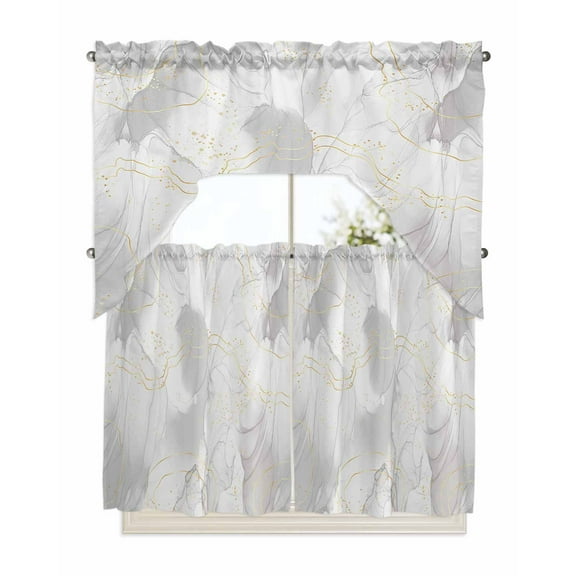 Grey Ombre Marble Kitchen Curtain and Valance Set 3 Pieces,Rod Pocket Short Tier Curtains 36 Inch Length,Yellow Modern Geometric Abstract Art Swag Topper Small Window Treatment for Cafe Bathroom