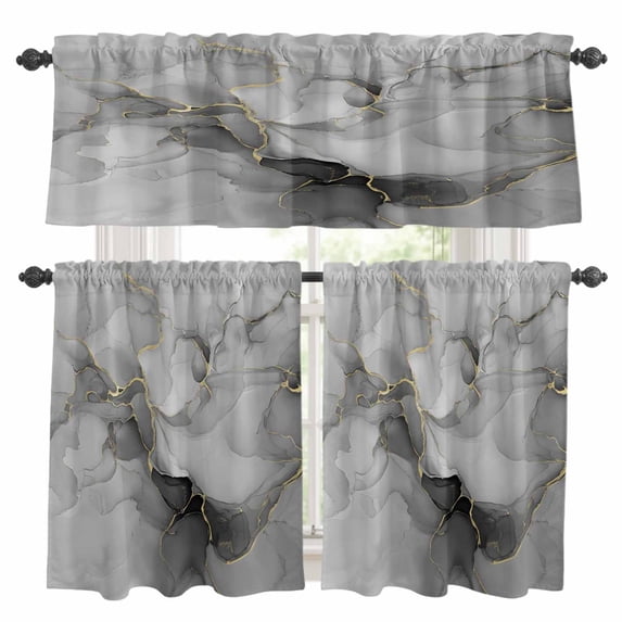 Grey Ombre Marble Kitchen Curtains Sets for Windows 24 Inch Length, Gray Marble Crack Abstract Modern Rod Pocket Window Treatments Tier Curtains and Valances Set for Bedroom/Bathroom