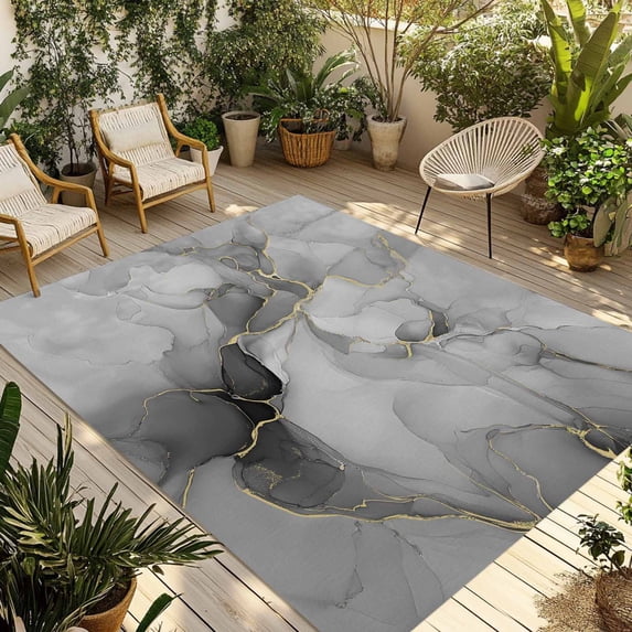 Grey Ombre Marble Outdoor Rug 5x8 Ft - Reversible Patio Rug Outdoor Camping Rugs, Gray Marble Crack Abstract Modern Washable Indoor Outdoor Area Rugs, Non-Slip Outdoor Carpet Runner for Deck/Porch