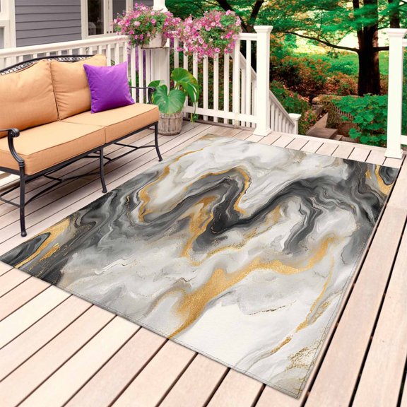 Grey Ombre Marble Outdoor Rug for Patio/Deck/Porch, Non-Slip Large Area Rug 4 x 6 Ft, Abstract Modern Art Luxury Indoor Outdoor Rugs Washable Area Rugs, Reversible Camping Rug Carpet Runner