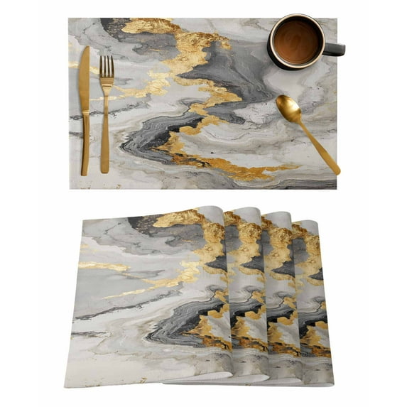 Grey Ombre Marble Placemats Set of 4, Golden Gray Marble Crack Abstract Art Placemats for Dining Table, Place Mats for Kitchen Tabletop, Waterproof Wipeable Dining Table Mats Set