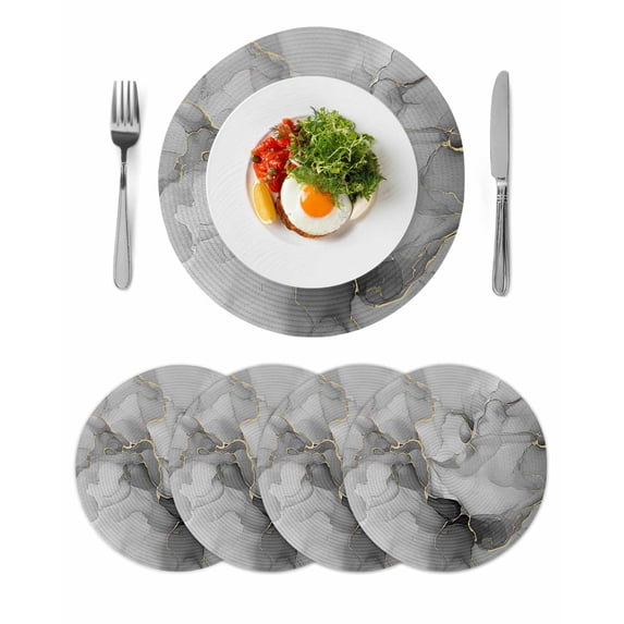 Grey Ombre Marble Round 13 Inch Placemats Set of 4, Gray Marble Crack Abstract Modern HeatResistant Non Slip Place Mats for Dining Table, Wipeable Braided Kitchen Table Mats for Housewarming