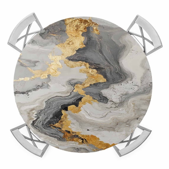 Grey Ombre Marble Round Fitted Tablecloth with Elastic Edge, Waterproof Table Cloth Table Cover for 45"-54" Tables, Golden Gray Marble Crack Abstract Art Tablecloths for Dining Picnic Indoor Outdoor