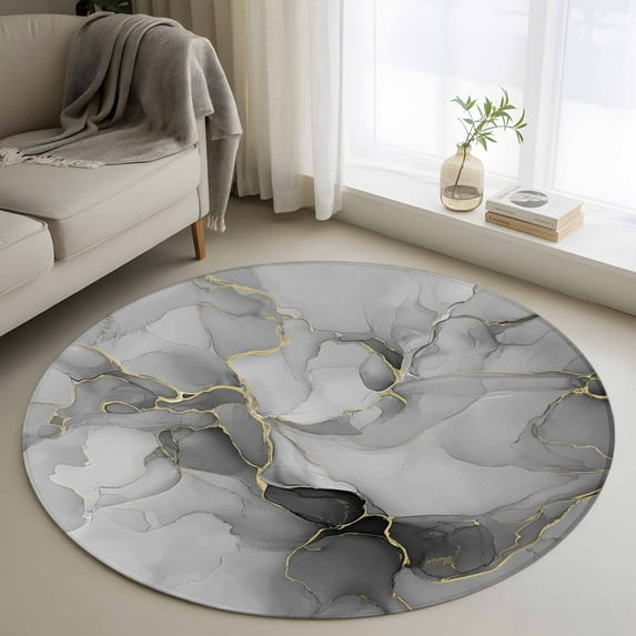 Grey Ombre Marble Round Rugs 4ft, Gray Marble Crack Abstract Modern Non Slip Washable Rug Runner, Low Pile Indoor Floor Carpet Mat Bathroom Rugs for Living Room, Bedroom, Kids Room