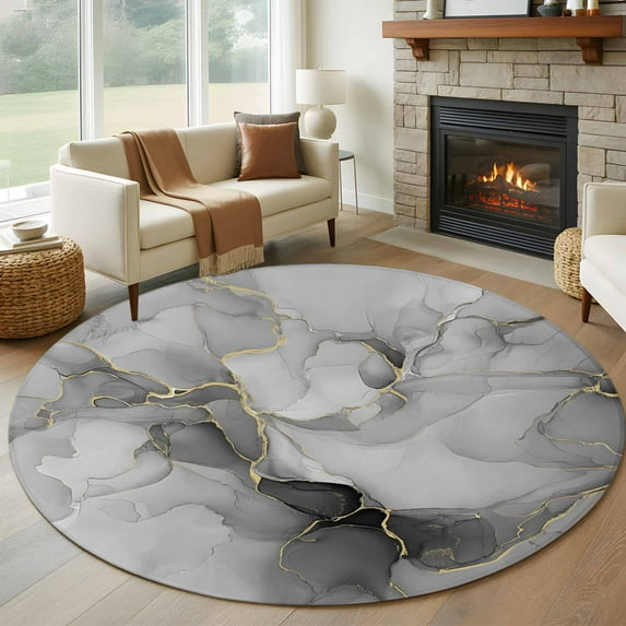 Grey Ombre Marble Round Rugs 5ft, Gray Marble Crack Abstract Modern Non Slip Washable Rug Runner, Low Pile Indoor Floor Carpet Mat Bathroom Rugs for Living Room, Bedroom, Kids Room