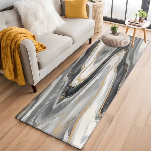 Grey Ombre Marble Runner Rug 2x6 FT, Non Slip Hallway Rugs, Abstract Modern Art Washable Soft Floor Carpet Non-Shedding Throw Runner Carpet Long Rug for Entryway Kitchen Bedside Sliding Door