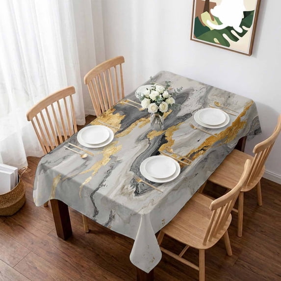 Grey Ombre Marble Table Cloth Waterproof Tablecloths, Golden Gray Marble Crack Abstract Art Tablecloth Dining Table Cover for Kitchen Party Tabletop Outdoor, Rectangle Tablecloth 60x84 Inch