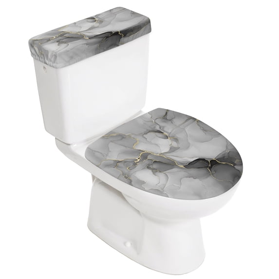 Grey Ombre Marble Toilet Lid Cover and Tank Cover Set, Grey Ombre Marble 2pc Stretch Toilet Lid Seat Covers for Bathroom Washable Protector with Elastic Edge for Standard & Elongated Toilets