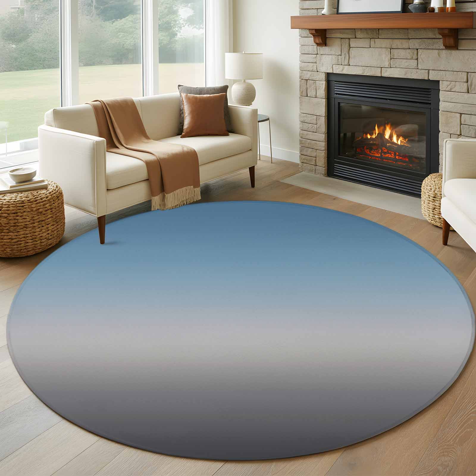 Grey Ombre Round Area Rug 6 FT, Non Slip Bedroom Area Rug, Navy Blue Gray Gradient Modern Abstract Art Washable Soft Circular Carpet Floor Mat for Kitchen Dining Room Home Office Kids Room