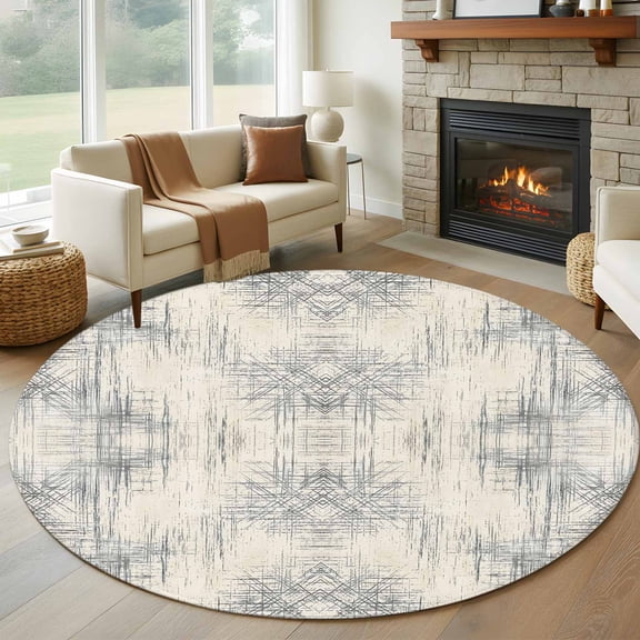Grey Ombre Round Rugs for Living Room 6ft Gradient Abstract Art Vintage Minimalist Shadows Palm Leaf Non Slip Circle Rug Washable Low-Profile Indoor Carpet for Bedroom, Dining Room, Bathroom