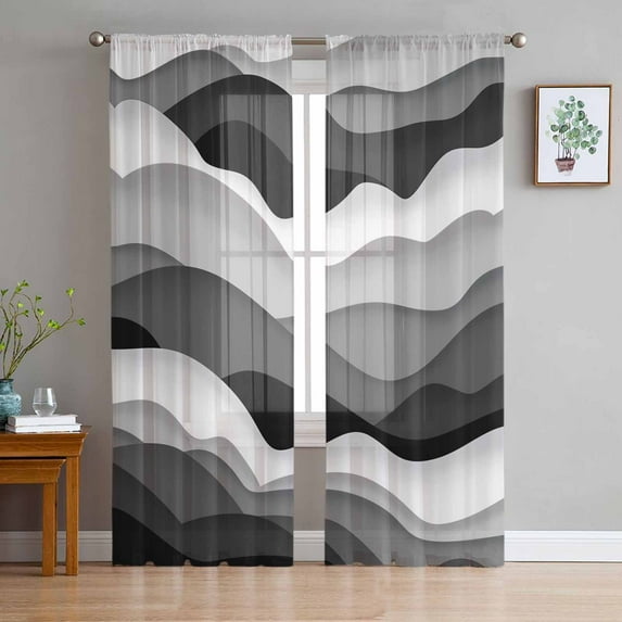 Grey Ombre Semi Sheer Curtains 63 Inch Length 2 Panels Set, Modern Geometric Moire Abstract Art Sheer Kitchen Curtain Privacy Voile Window Curtain for Living Room Bedroom Rod Pocket Drapes
