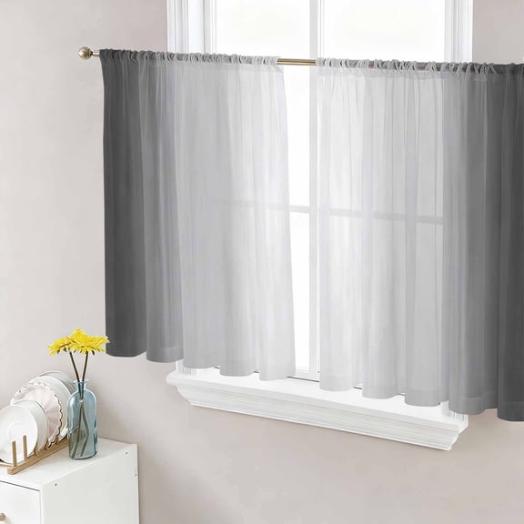 Grey Ombre Sheer Curtains 45 Inch Length 2 Panels Set, Vintage Gray Gradient Stripes Geometric Voile Window Treatment Rod Pocket Small Kitchen Curtains Drapes for Bedroom 52"x45"x2