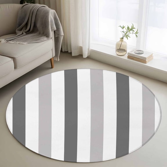 Grey Ombre Stripe 3ft Round Rug, Modern Farmhouse Vertical Striped Non-Skid Rubber Backing Large Area Rugs - Living Room Bedroom Home Office, Indoor Floor Mat Carpets Washable Rug
