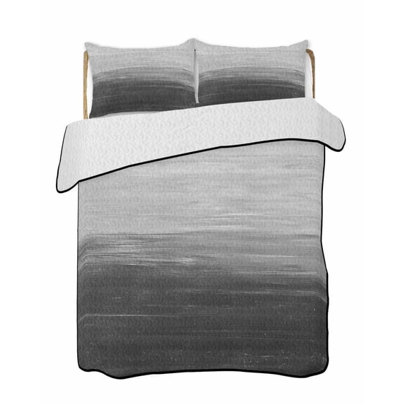 Grey Ombre Summer Quilt Set Queen Size, Soft Microfiber Quilted Bedding Set with 2 Pillow Shams, Modern Abstract Art Ocean Oil Painting Lightweight All Season Bedspread Coverlet for Bedroom 90"x96"