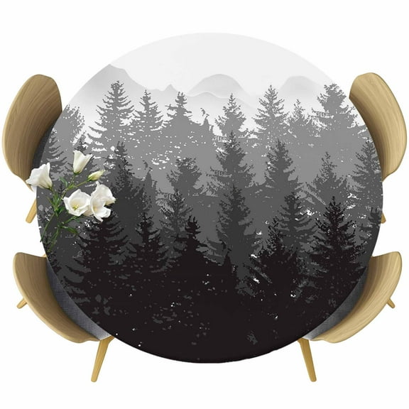 Grey Ombre Table Cloth, Round Fitted Tablecloths with Elastic Edge, Fall Autumn Forest Black Abstract Art Harvest Wipeable Waterproof Table Cover for Kitchen Wedding 55-60 Inches