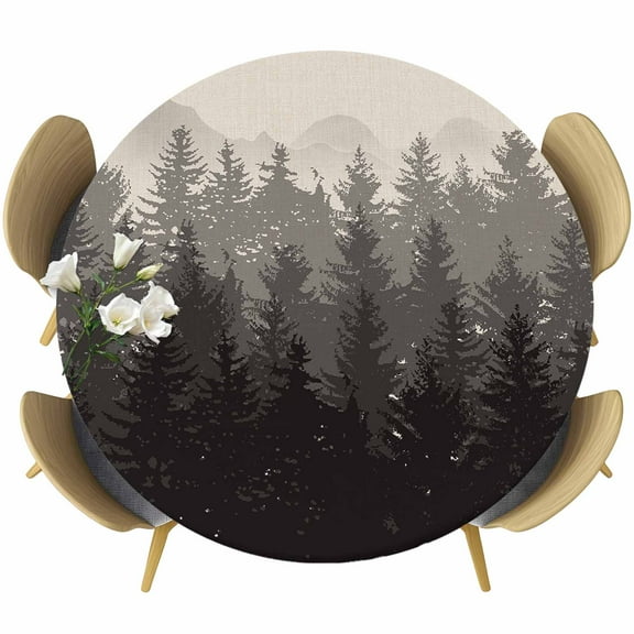 Grey Ombre Table Cloth, Round Fitted Tablecloths with Elastic Edge, Fall Forest Black Abstract Art Harvest Burlap Wipeable Waterproof Table Cover for Kitchen Wedding 36-44 Inches