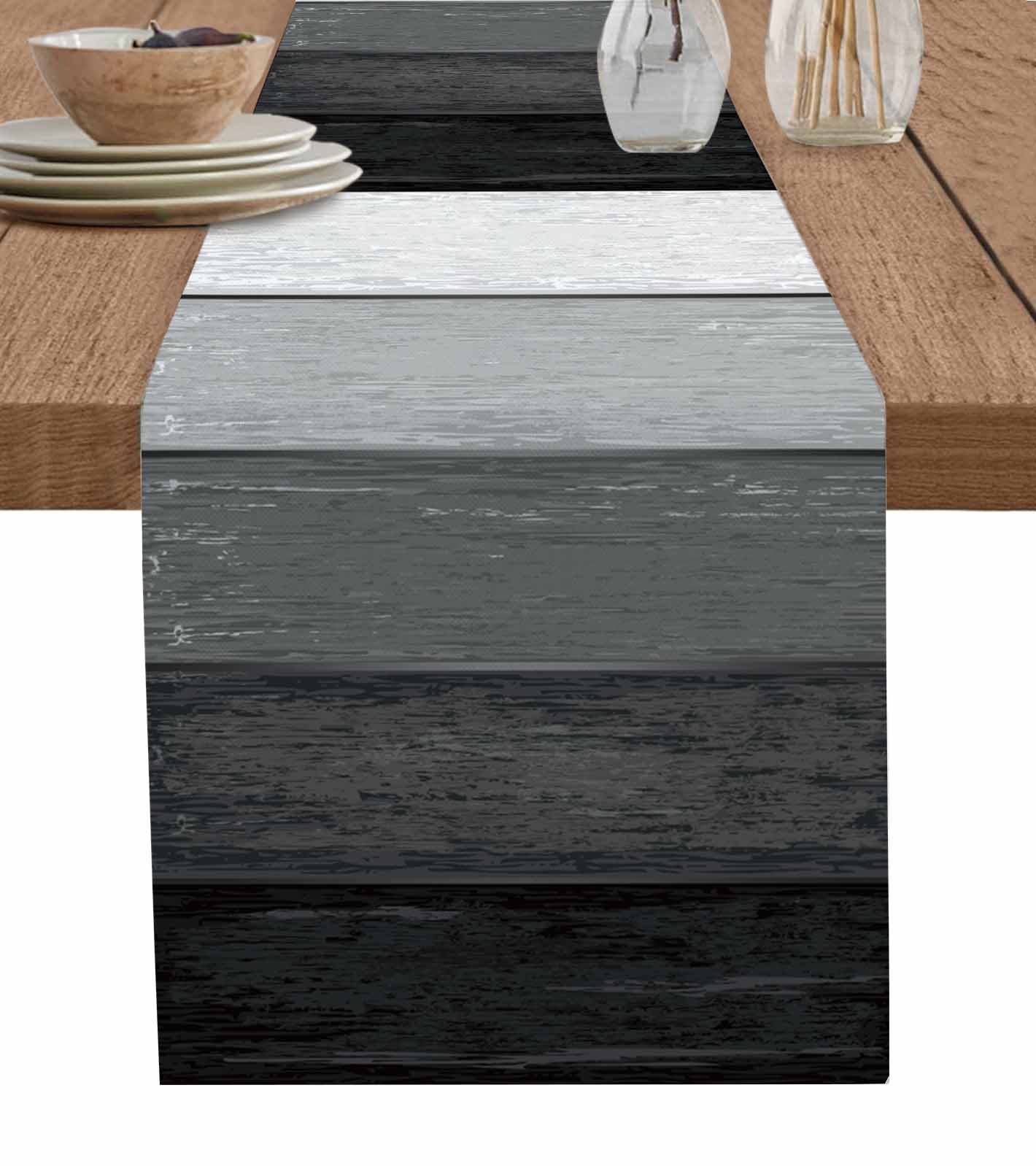 Grey Ombre Wooden BurlapCotton Table Runner 70 Inch Long,Farmhouse