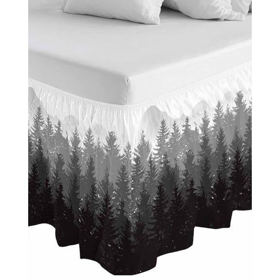 Grey Ombre Wrap Around Bed Skirts for Queen Bed 16" Drop,Bed Skirt with Adjustable Elastic Belt Dust Ruffle Bed Valance for Bedroom Hotel Fall Autumn Forest Black Abstract Art Harvest Bed Frame Cover