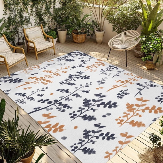 Grey Orange Botanical Outdoor Rug for Patio/Deck/Porch, Non-Slip Large Area Rug 5 x 7 Ft, Watercolor Spring Floral Summer Leaf Indoor Outdoor Rugs Washable Area Rugs, Camping Rug Carpet Runner
