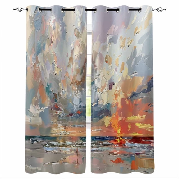 Grey Orange Coastal Blackout Curtains 39 Inches Long for Bedroom, Oil Painting Modern Abstract Art Thermal Insulated Room Darkening Black Out Window Curtain Panels Grommet Drapes for Living Room