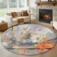 thumbnail image 1 of Grey Orange Coastal Round Area Rug 7 FT, Non Slip Living Room Area Carpet, Oil Painting Modern Abstract Art Washable Soft Circular Rug Non-Shedding Floor Carpet for Bedside Office Play Room Classroom, 1 of 9