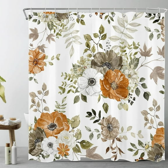 Grey and Orange Flower Shower Curtain for Bathroom,Autumn Country Plant Watercolor Floral on White Fabric Shower Curtain with Hooks,Fall Botanical Bathroom Curtain Shower Set, 72x84 inches