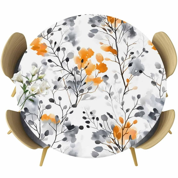 Grey Orange Spring Floral Round Tablecloth 36-44 Inch Round Fitted Table Cloth with Elastic Edge, Summer Botanical Farmhouse Waterproof Table Cover Protector for Outdoor Picnic Party Dining