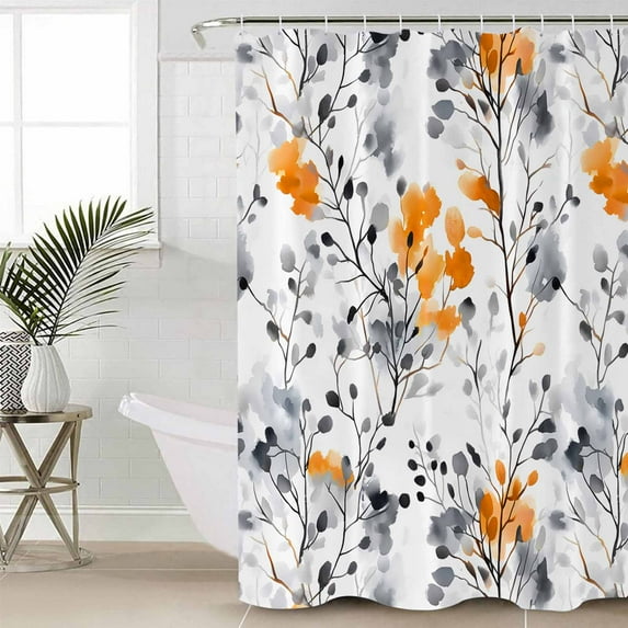 Grey Orange Spring Floral Waterproof Fabric Shower Curtain, Summer Botanical Farmhouse Shower Curtain for Bathroom Curtains Bathtubs Hotel Washable Shower Curtains with 12 Hooks Standard 66x72