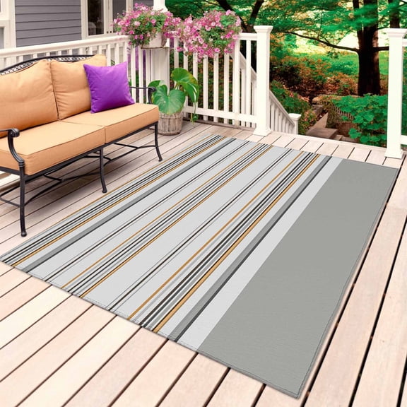 Grey Orange Thin Line Outdoor Rug 5x8 Ft, Non Slip Washable Area Rug, Geometric Gray Stripes Patio Rugs Carpet Runner, Large Floor Mat for Indoor/Outdoor Deck Porch Camping