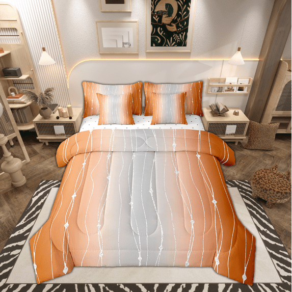Grey and Orange Watercolor Full Comforter Set 7-Piece Wave Stripe and Dots Bedding Comforter Sets, Geometric Aesthetic Bed in a Bag Ombre Gradient Bedding Set, Modern Abstract Line Bed Sheets Set