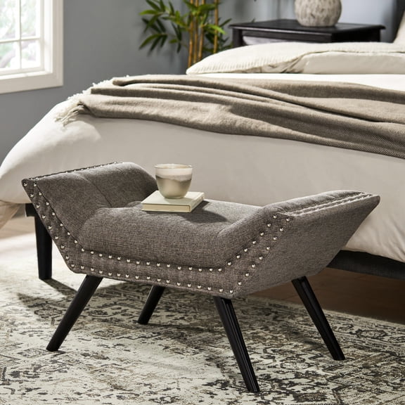 Grey Ottoman Bench with Nailhead and Tufted Details / Enhances Bedroom Aesthetics