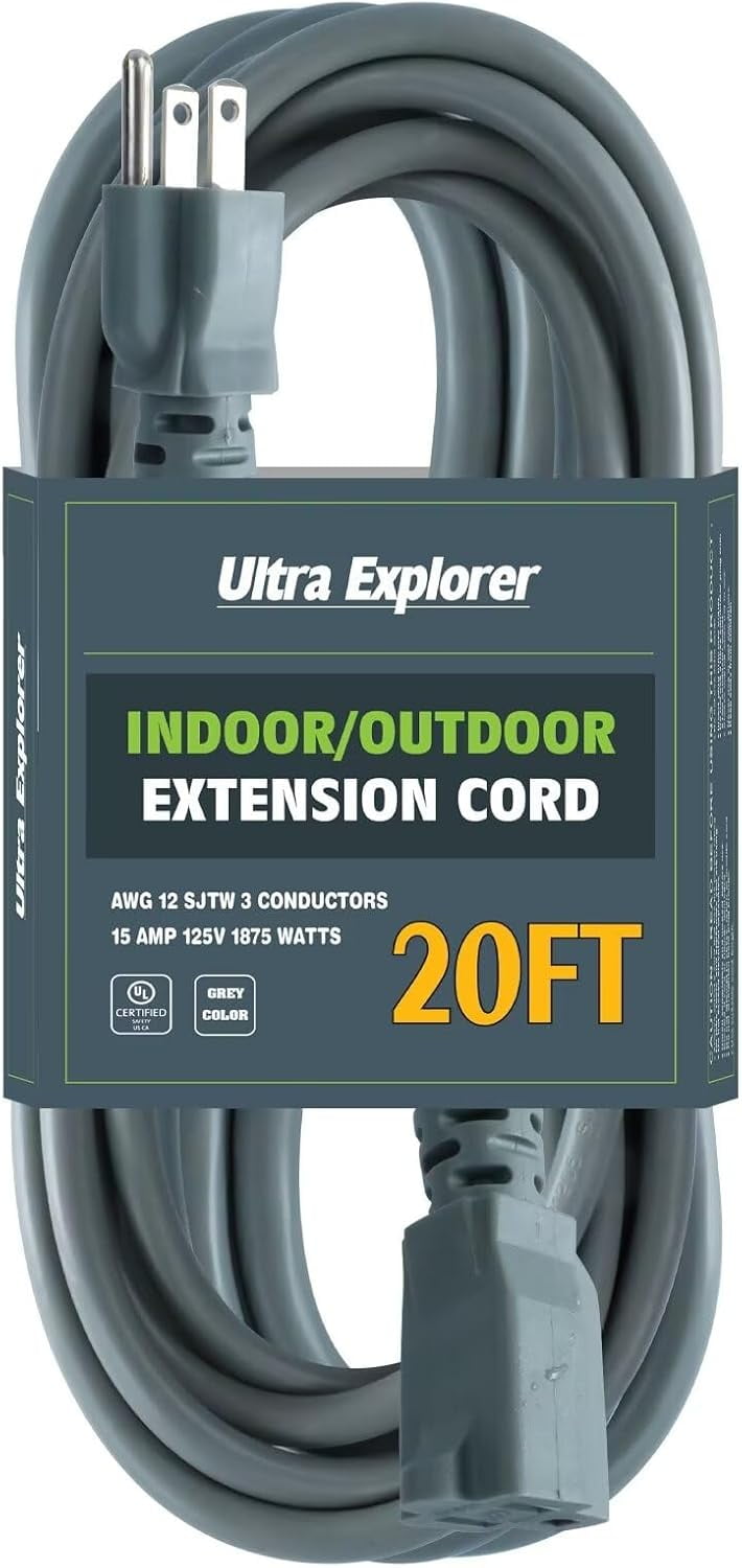 Grey Outdoor Extension Cord 20 Ft, 12/3 SJTW Heavy Duty Extension Cable