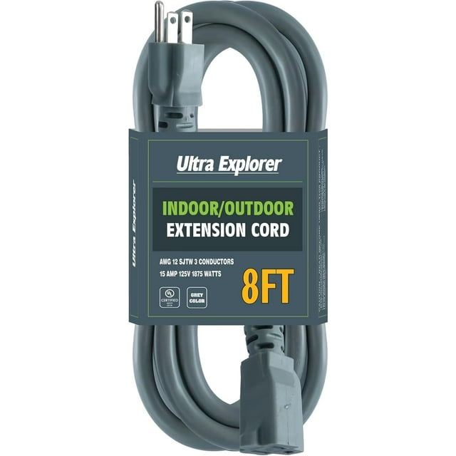 Grey Outdoor Extension Cord 8 Ft, 12/3 SJTW Heavy Duty Extension Cable