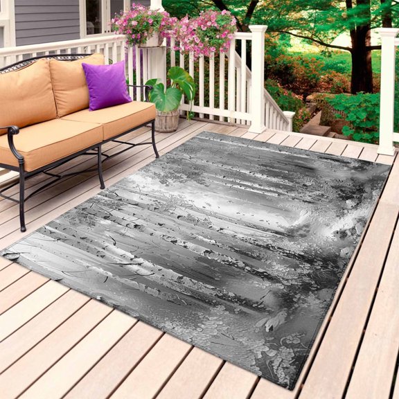 Grey Outdoor Rug for Patio/Deck/Porch, Non-Slip Large Area Rug 4 x 6 Ft, Modern Oil Painting Art Forest Indoor Outdoor Rugs Washable Area Rugs, Reversible Camping Rug Carpet Runner