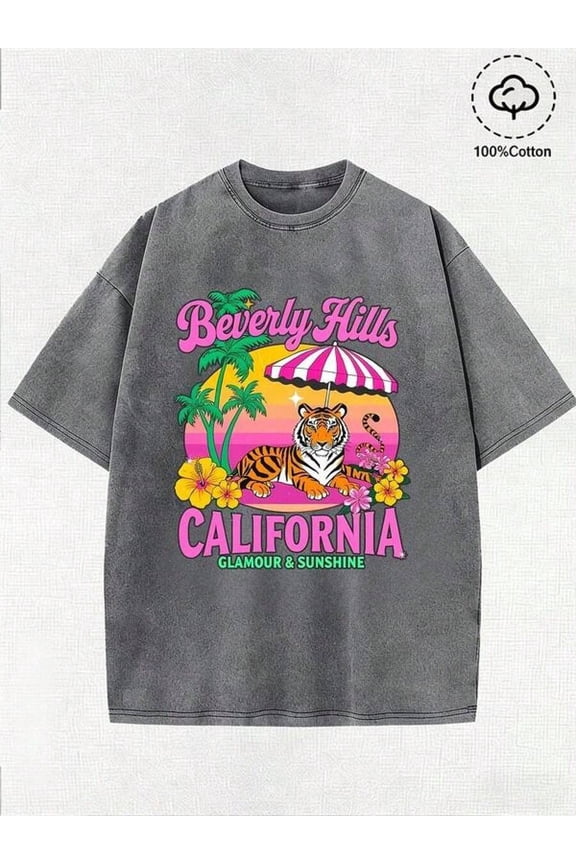 Grey Oversized Graphic T-Shirt With Beverly Hills Tiger Palm Tree Print Crew Neck Short Sleeve Vintage Y2K Summer Top