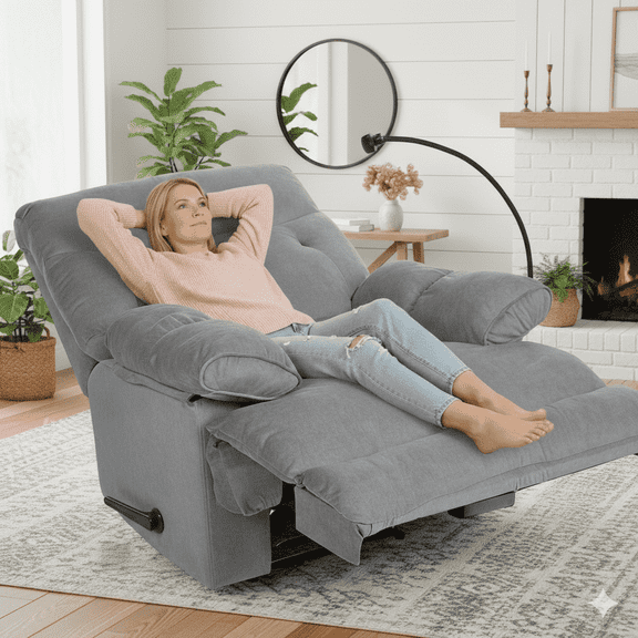 Grey Oversized Recliner Chair for Adults, Extra Wide Manual Recliner Sofa with Phone Holder, Big and Tall Reclining Chair for Living Room and RV
