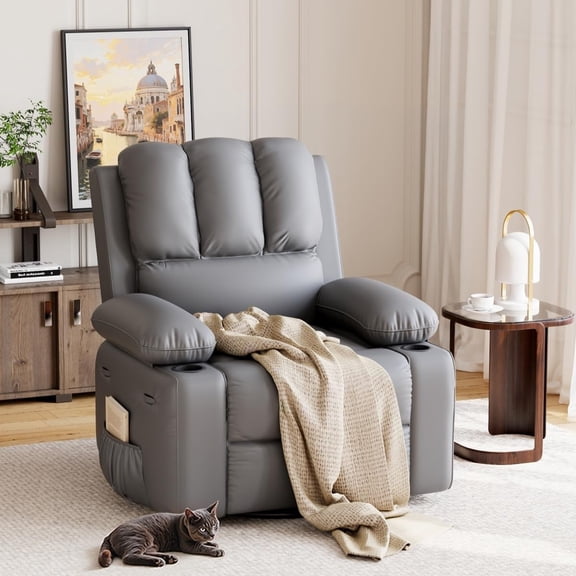 Oversized Swivel Rocker Recliner with Heat & Massage, Manual Lazy Chair with Cup Holder for Living Room, Bedroom and Nursery, Grey