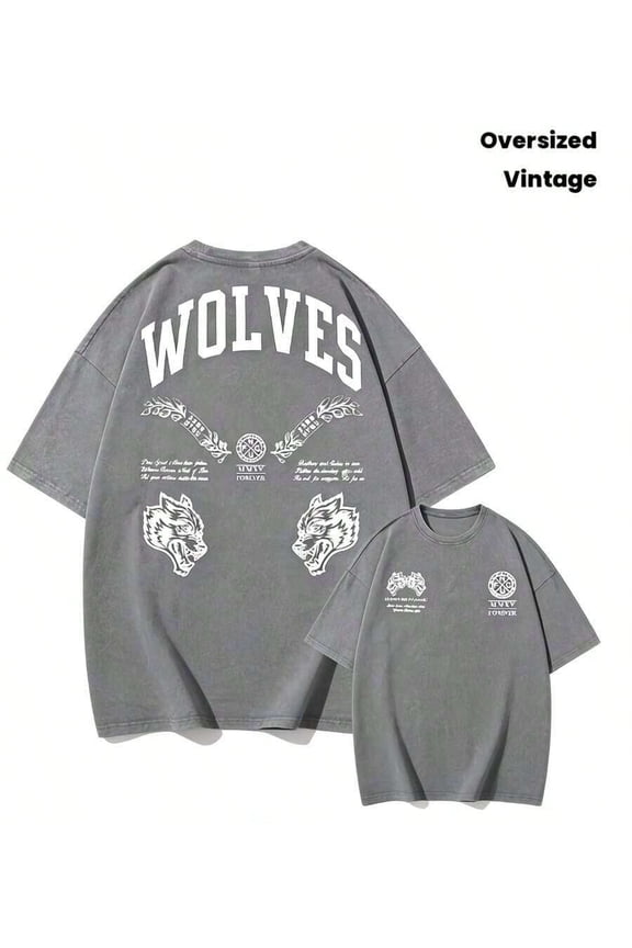 Grey Oversized Vintage Washed Wolf Graphic T-Shirt, Loose Fit Streetwear Tee