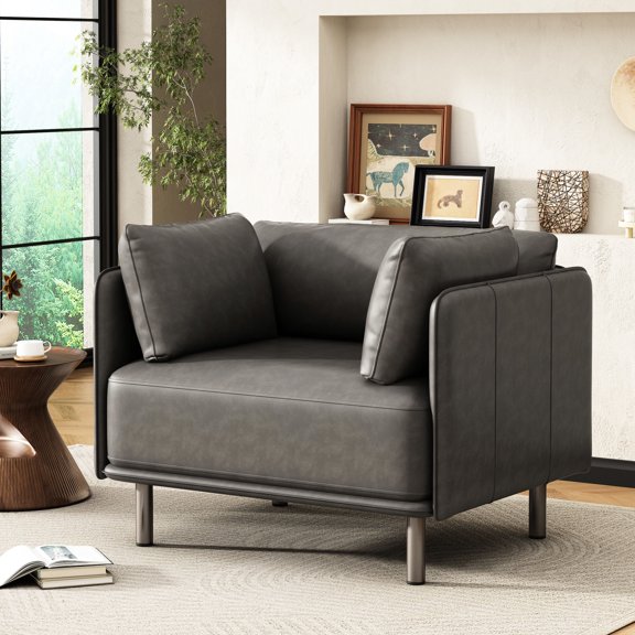 Grey PU Leather Chair with Sturdy Frame / Durable and Comfortable Seating for Living Spaces