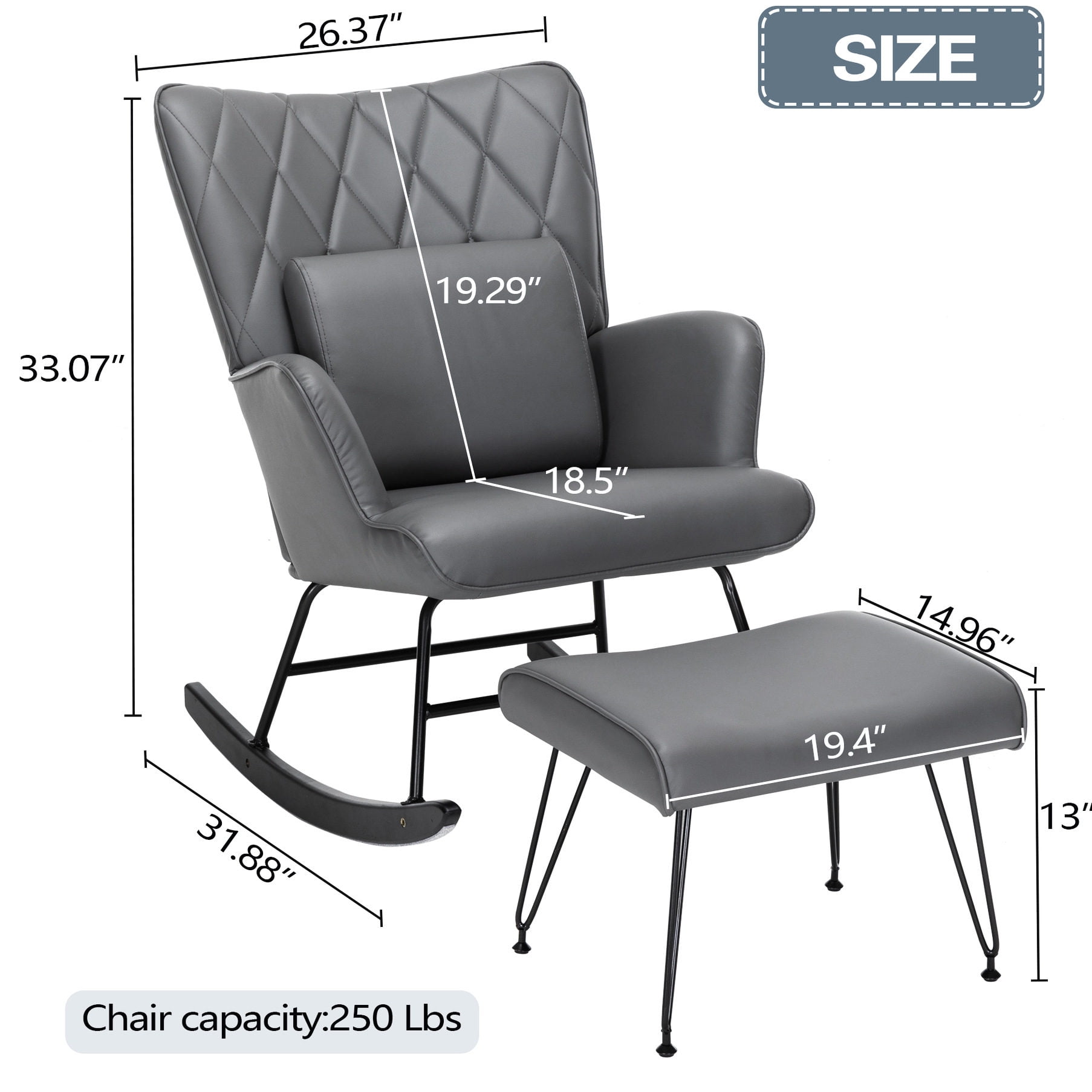 Grey PU Rocking Chair with Lumbar Pillow and Ottoman / Comfortable Seating for Nursery, Living Room or Bedroom