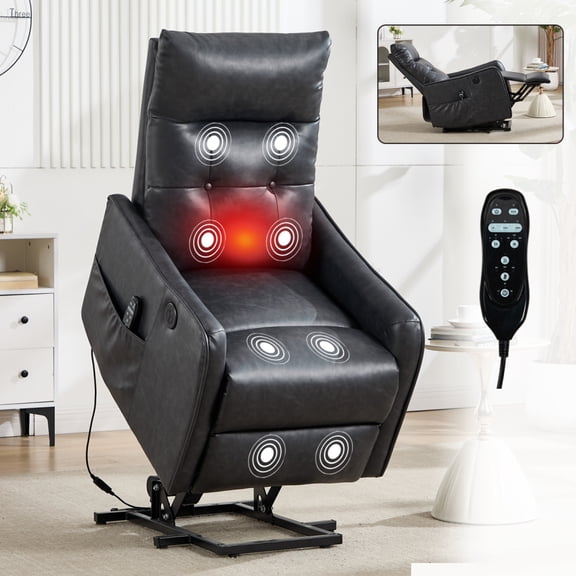 Grey PU Single Motor Power Lift Recliner Chair with Massage and Heat for Elderly, Heavy Duty Motion Mechanism and One USB for Charging, Max Reclining Angle 155°