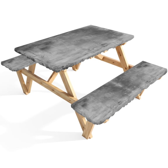 Grey Paint Picnic Table Cover with Bench Covers Abstract Retro Dark Grey Paint Waterproof Fitted Picnic Tablecloth 3 Pieces Set Table Cloth for Outdoor Camping Garden BBQ