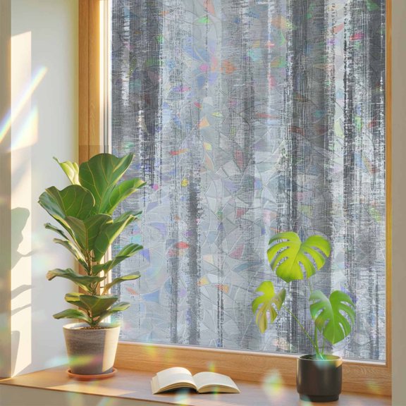Grey Paint Window Privacy Film, Modern Abstract Dark Grey Stripes Stained Glass Rainbow Film Decorative Window Clings, Static Cling Sun Blocking Stickers 17.7" x 39.3"