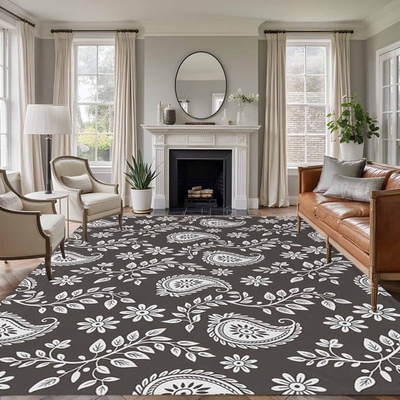 Grey Paisley Area Rugs 5'x8', Washable Small Throw Rugs for Classroom Bedroom, Ethnic Vintage Floral Botanical Abstract Indoor Outdoor Rug Non-Slip Low Pile Carpet Runner Reversible Floor Mats