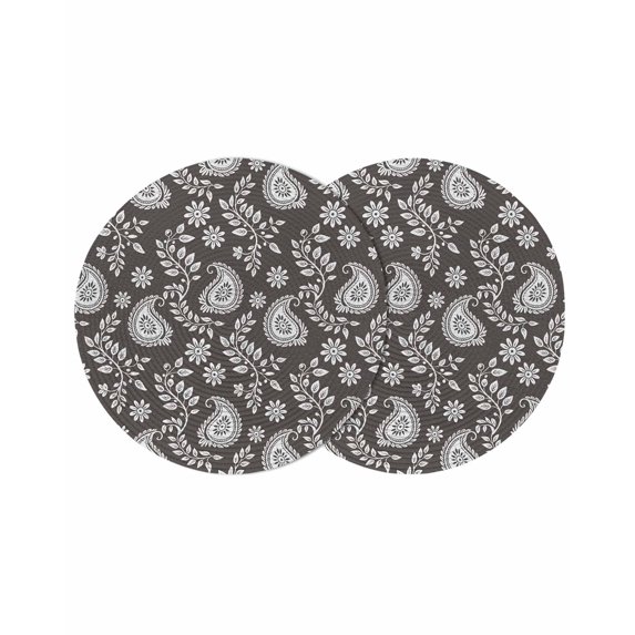 Grey Paisley Round 13 Inch Placemats Set of 2, Ethnic Vintage Floral Botanical Abstract HeatResistant Non Slip Place Mats for Dining Table, Wipeable Braided Kitchen Table Mats for Housewarming