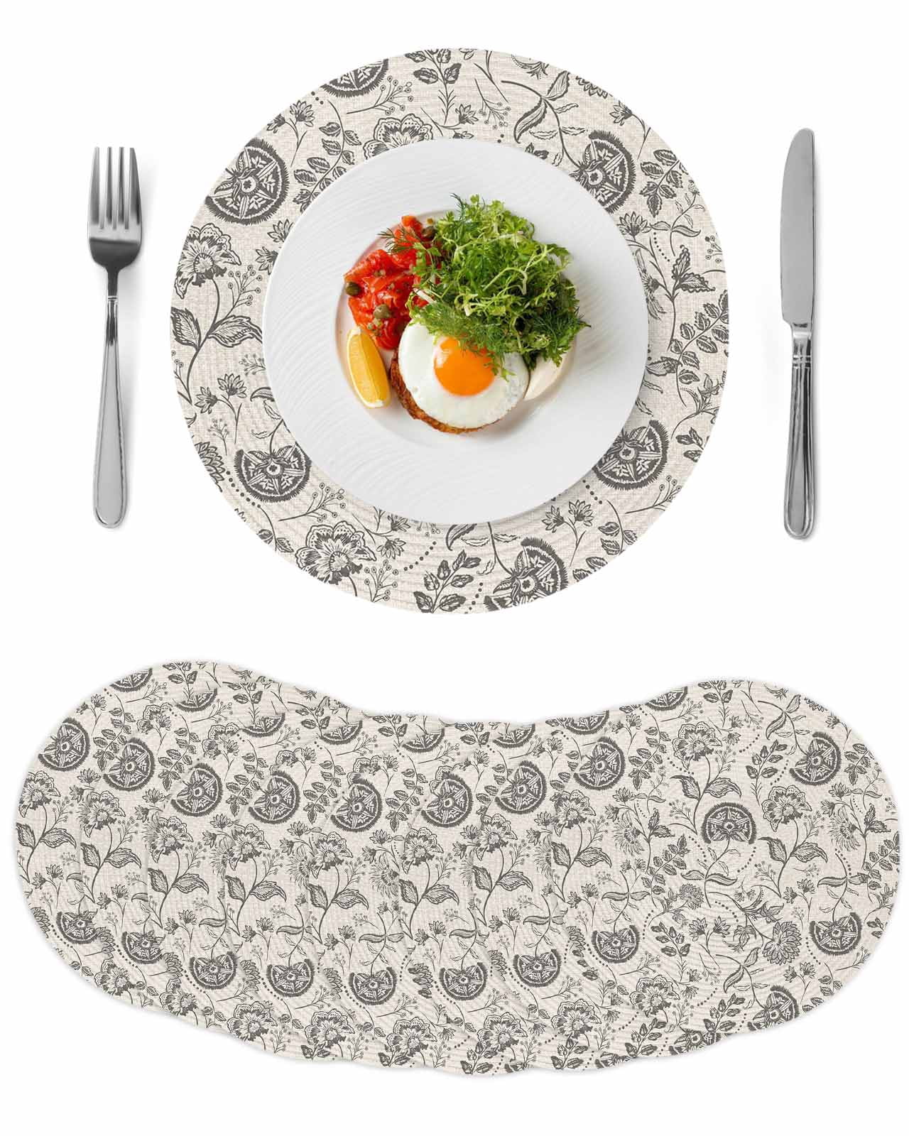 Grey Paisley Round 13 Inch Placemats Set of 8, Boho Flower Botanical ...