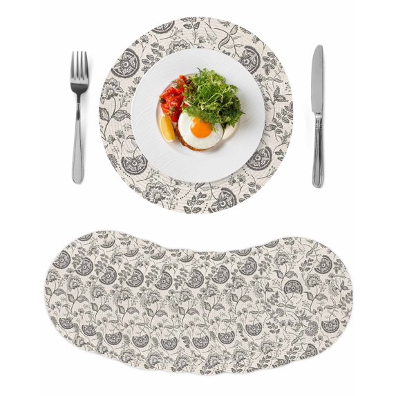 Grey Paisley Round 15 Inch Placemats Set of 8, Boho Flower Botanical Leaf Branch HeatResistant Non Slip Place Mats for Dining Table, Wipeable Braided Kitchen Table Mats for Housewarming