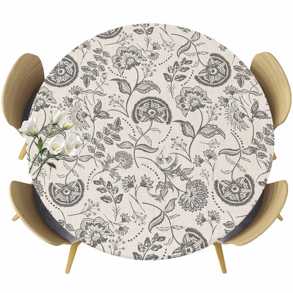Grey Paisley Table Cloth, Round Fitted Tablecloths with Elastic Edge, Boho Flower Botanical Leaf Branch Wipeable Waterproof Table Cover for Kitchen Wedding 45-54 Inches