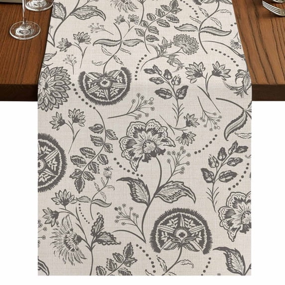 Grey Paisley Table Runner 70 Inches Long, Boho Flower Botanical Leaf Branch Cotton Linen Table Runners Dresser Scarves, Decorative Fabric Tabletop Scarf Furniture Cover for Home Dinner Party 13"x70"